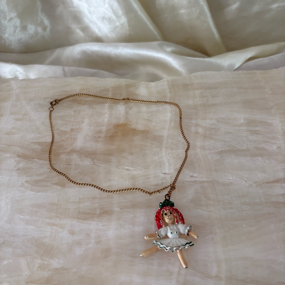 Vintage rag doll nutcracker ballerina dancer necklace red head pendant